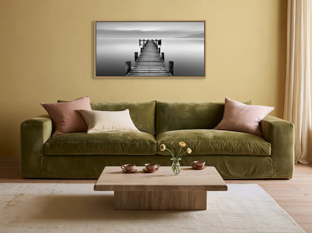 Yellow wall, olive sofa